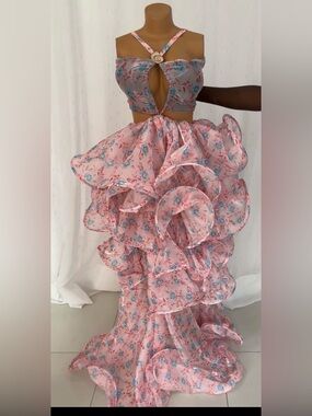 Floral Ruffle Mermaid Maxi Skirt - Pink